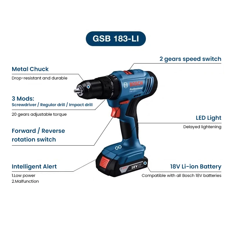 Power Tools Impact - Bosch GSB183-LI Elektrikli Matkap Tornavida Akülü